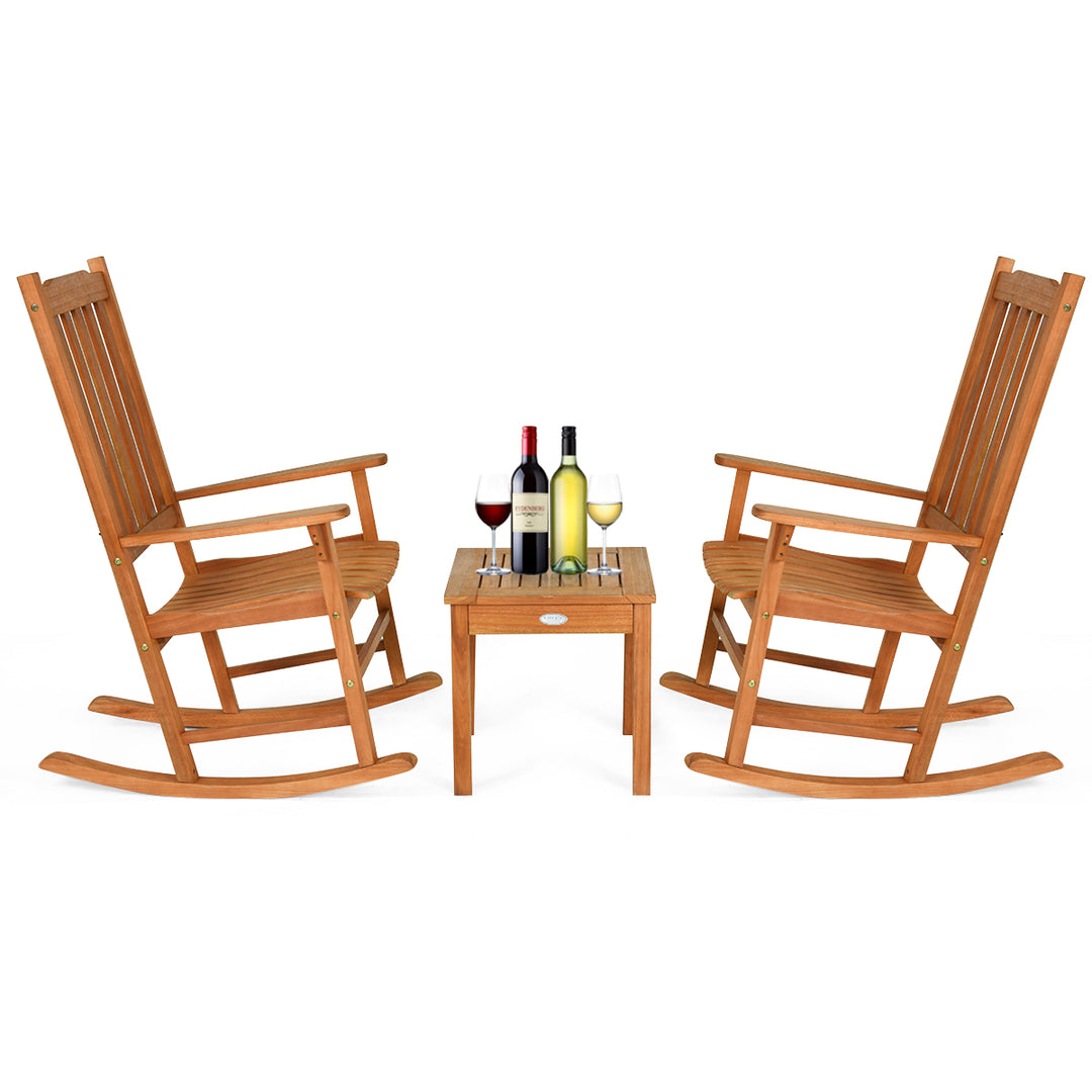 Rocking Chair 3 Piece Set Wooden W/ Two Wood Conversation Chairs and Accent Table