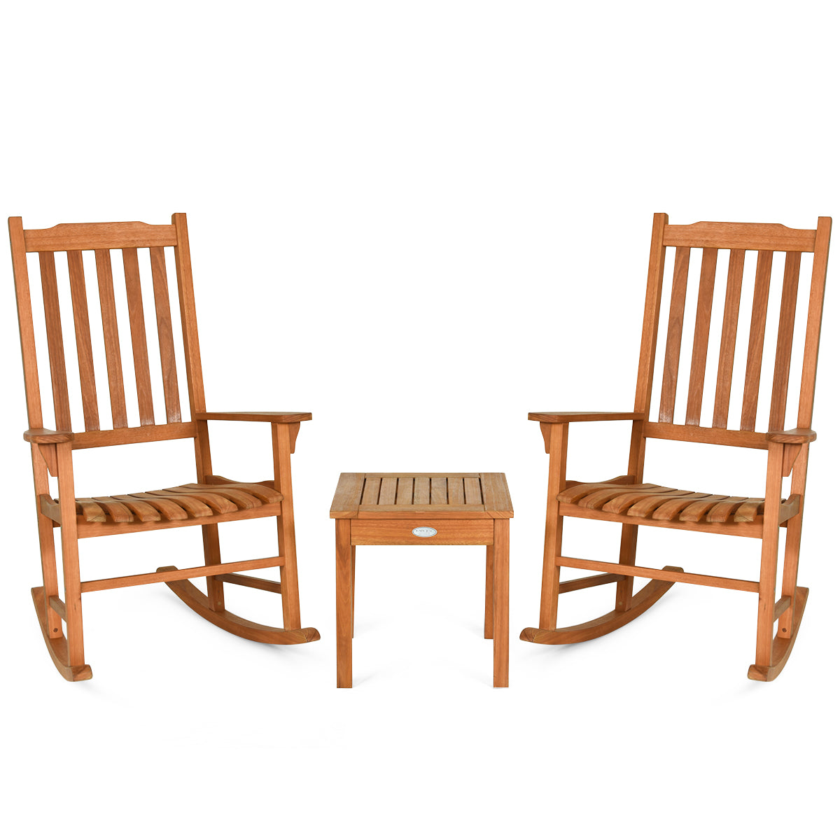 Rocking Chair 3 Piece Set Wooden W/ Two Wood Conversation Chairs and Accent Table