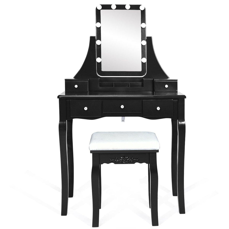 Vanity Set with Lighted Mirror, 10 Dimmable Light Bulbs Vanity Dressing Table, 5 Drawer with 2 Dividers Removable Organizer - Giantexus