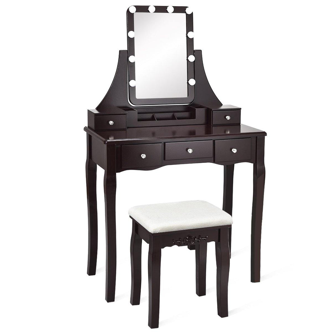 Vanity Set with Lighted Mirror, 10 Dimmable Light Bulbs Vanity Dressing Table, 5 Drawer with 2 Dividers Removable Organizer - Giantexus