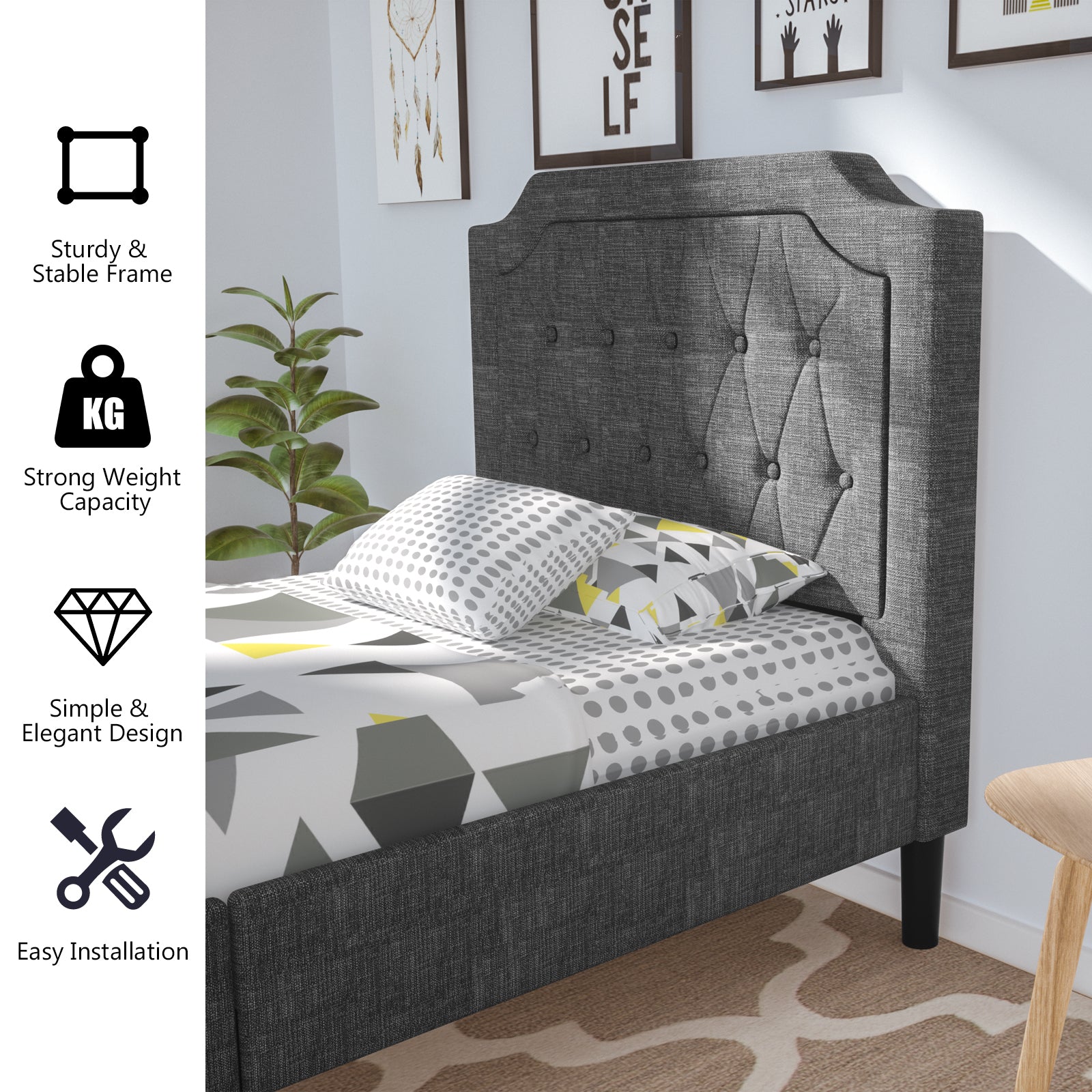 Twin Size Upholstered Bed Base with Button Stitched Headboard
