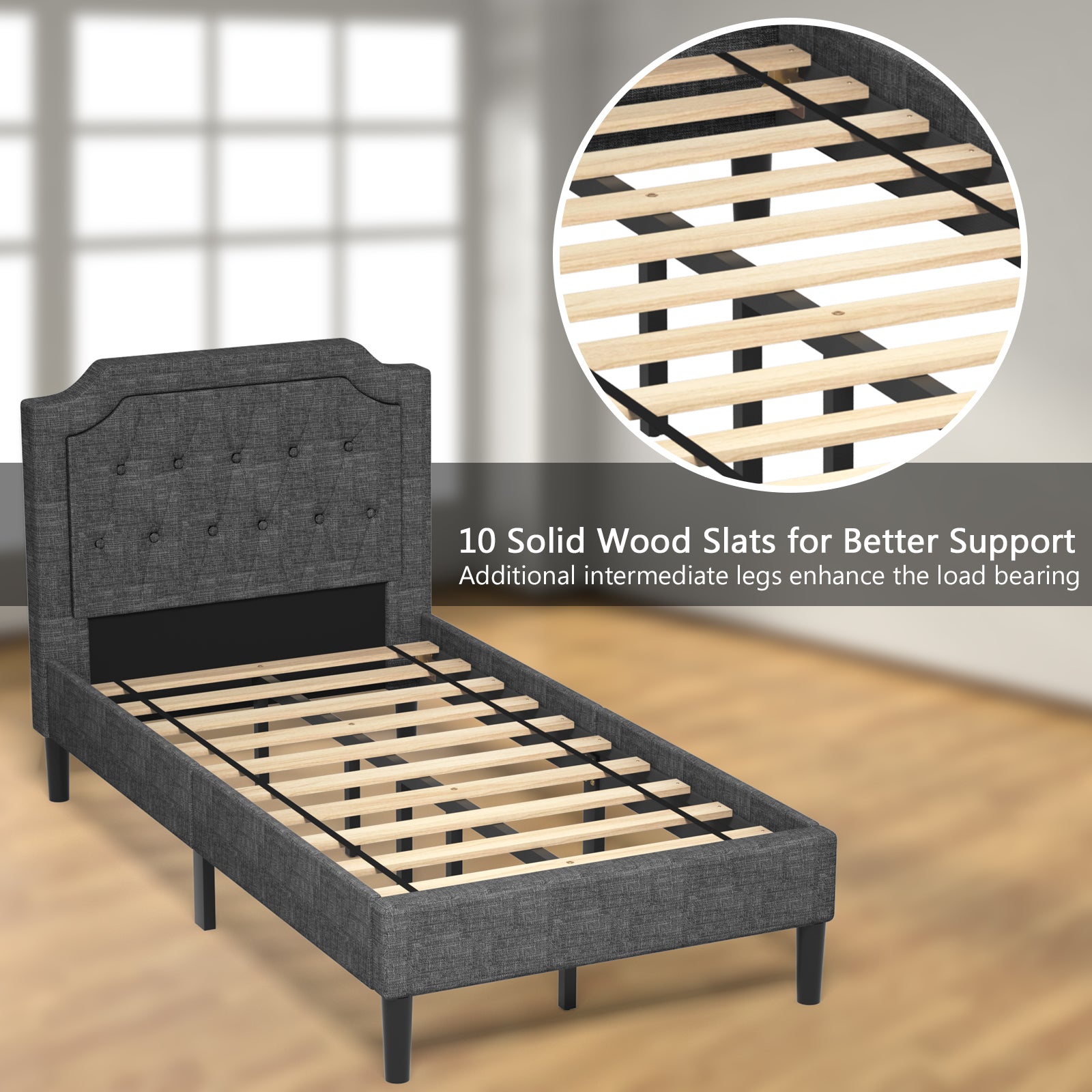 Twin Size Upholstered Bed Base with Button Stitched Headboard