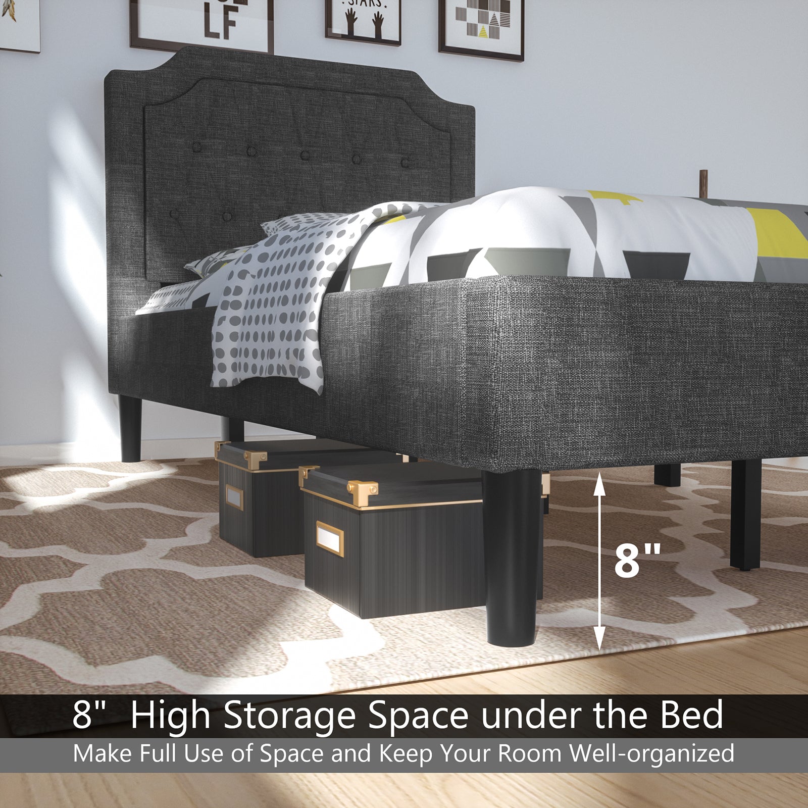 Twin Size Upholstered Bed Base with Button Stitched Headboard