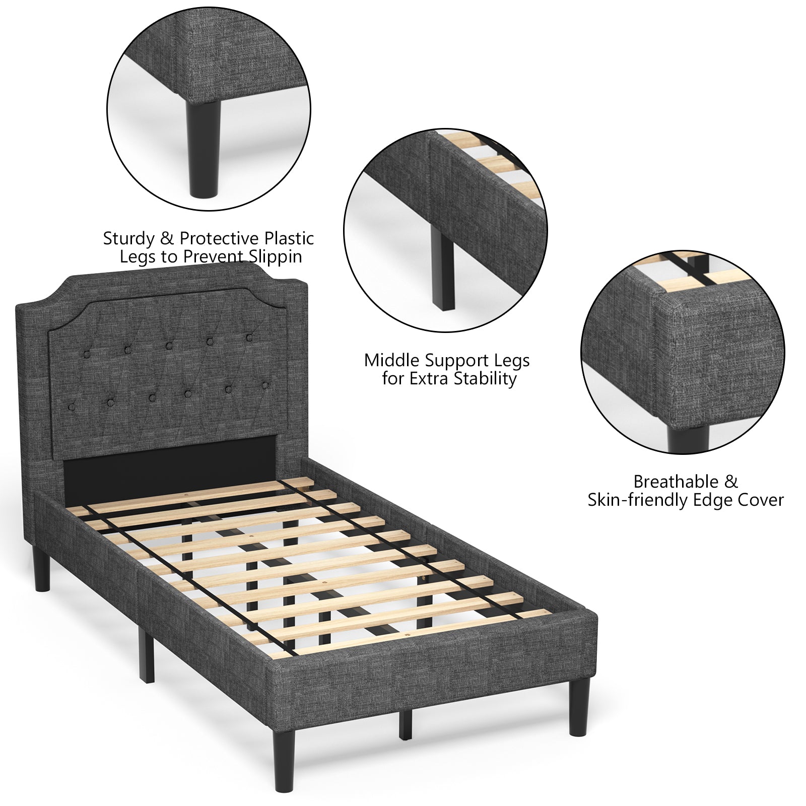 Twin Size Upholstered Bed Base with Button Stitched Headboard