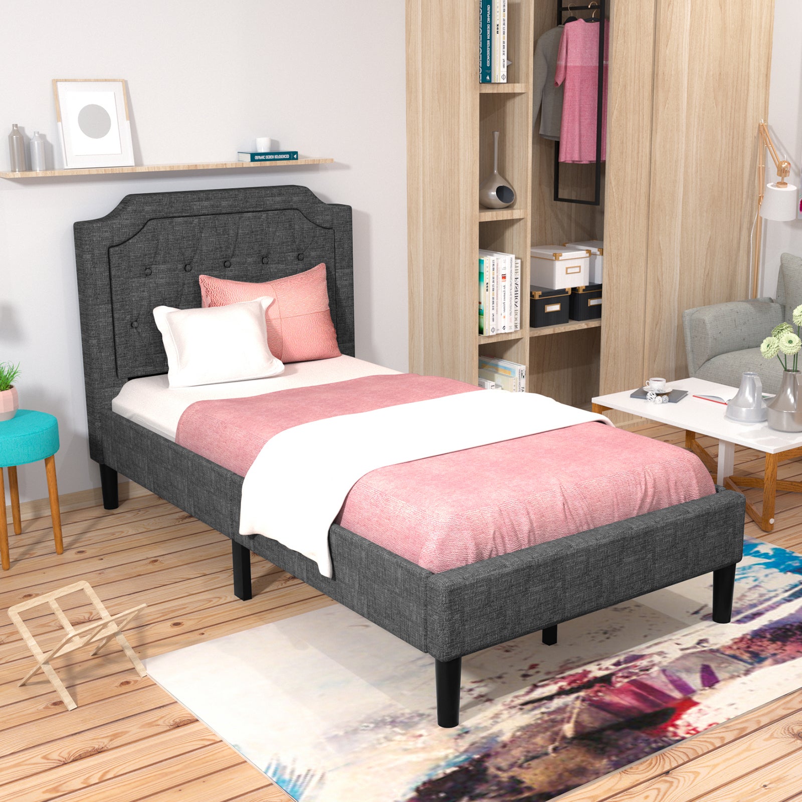 Twin Size Upholstered Bed Base with Button Stitched Headboard