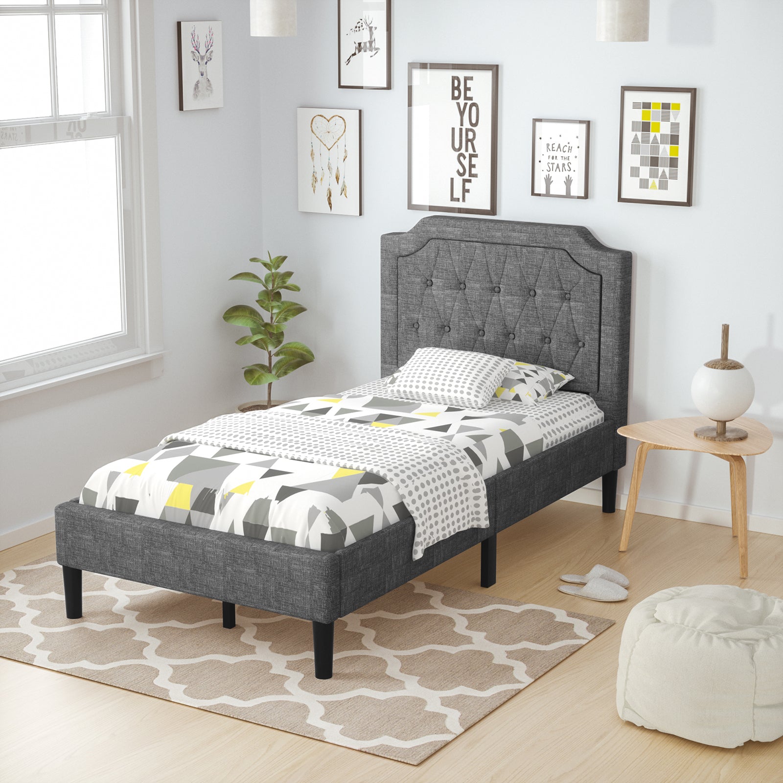 Twin Size Upholstered Bed Base with Button Stitched Headboard
