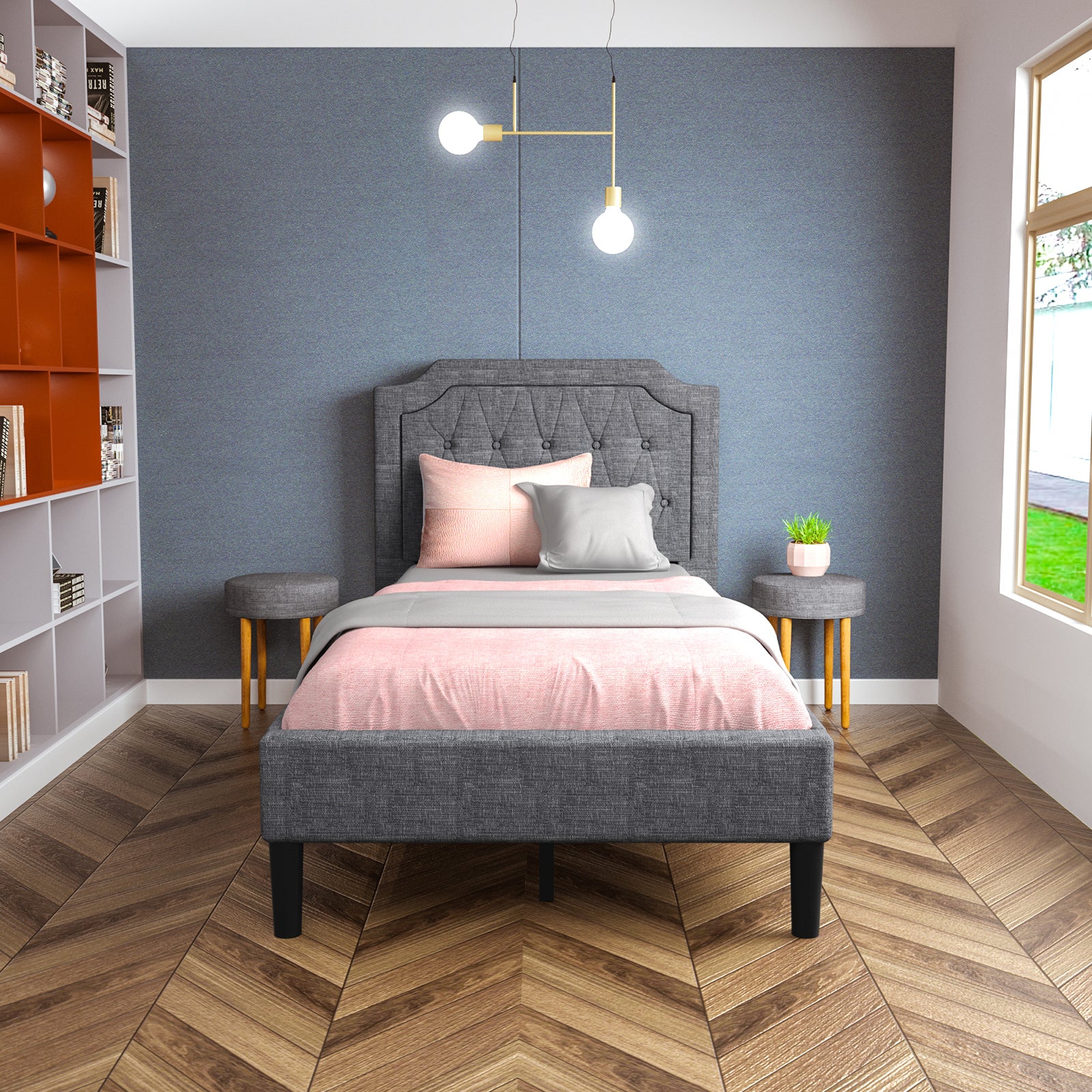 Twin Size Upholstered Bed Base with Button Stitched Headboard