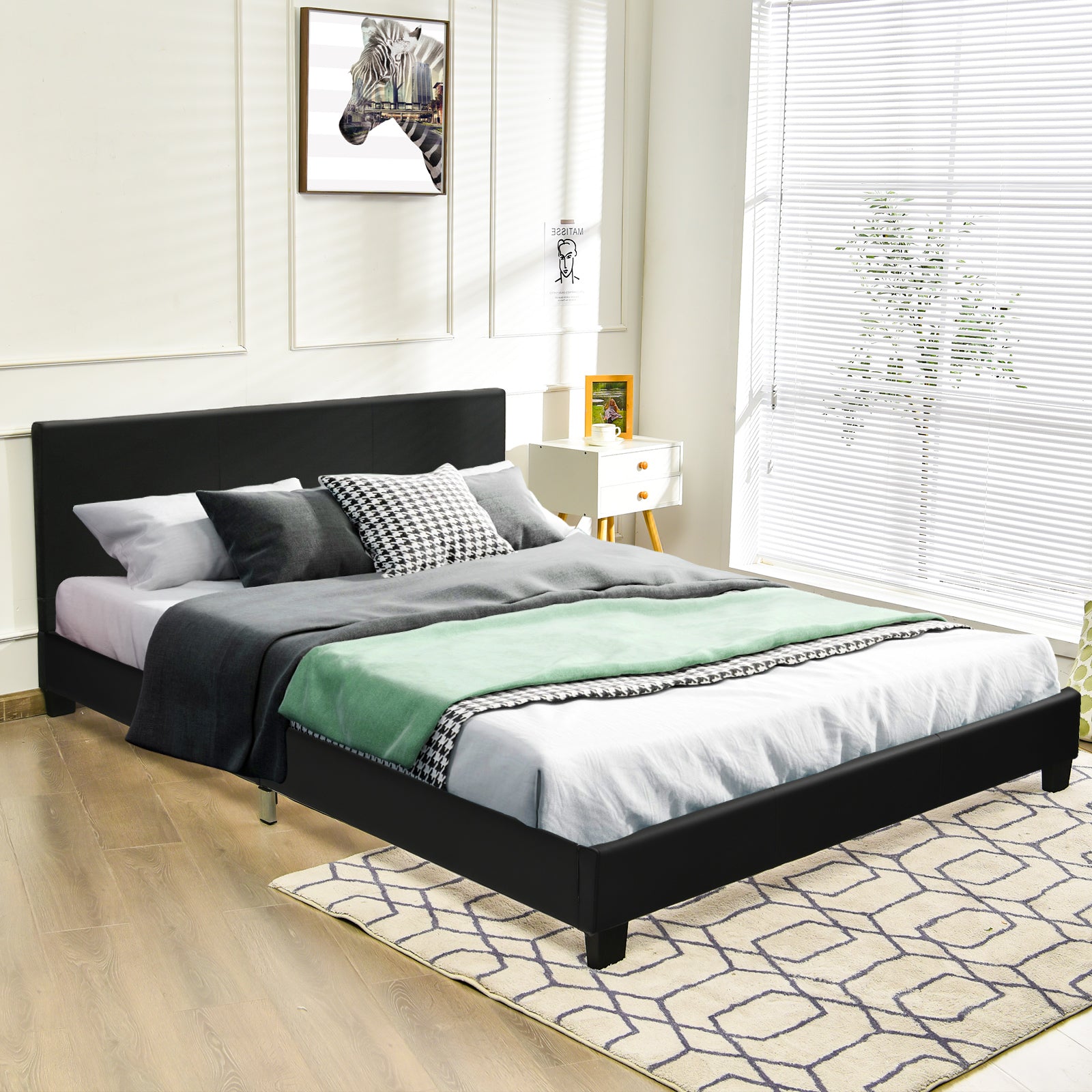 Full Size Faux Leather Upholstered Platform Bed W/Headboard
