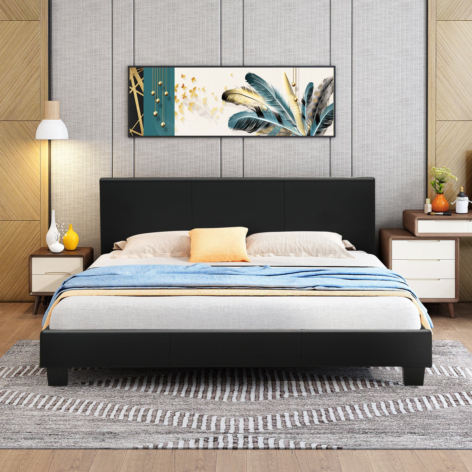 Full Size Faux Leather Upholstered Platform Bed W/Headboard