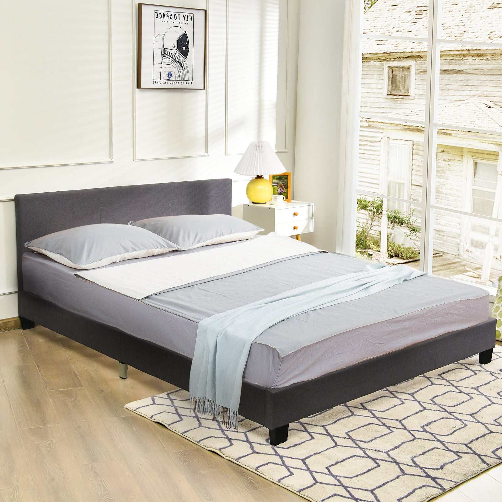 Faux Leather Upholstered Platform Bed W/Headboard | Queen Bed Frame