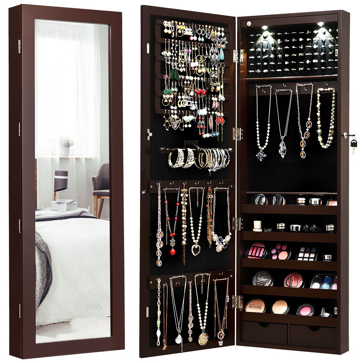 Wall/Door Mounted Jewelry Armoire Organizer with 2 LED Lights