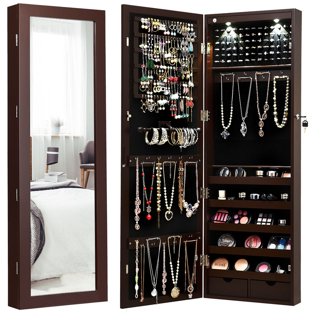Wall/Door Mounted Jewelry Armoire Organizer with 2 LED Lights