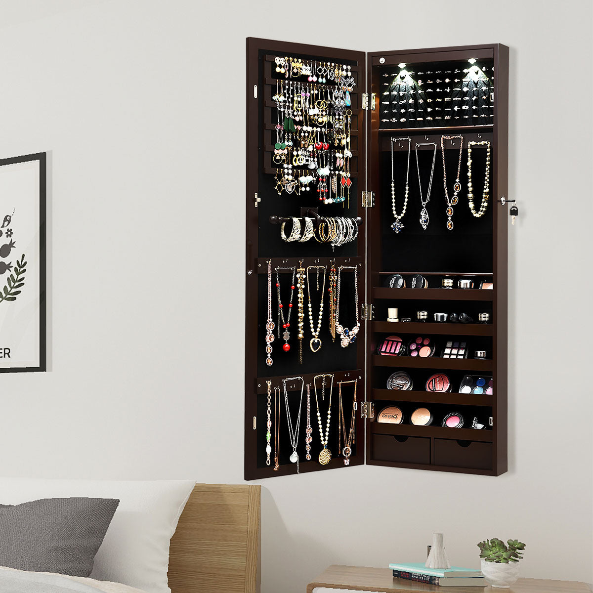 Wall/Door Mounted Jewelry Armoire Organizer with 2 LED Lights