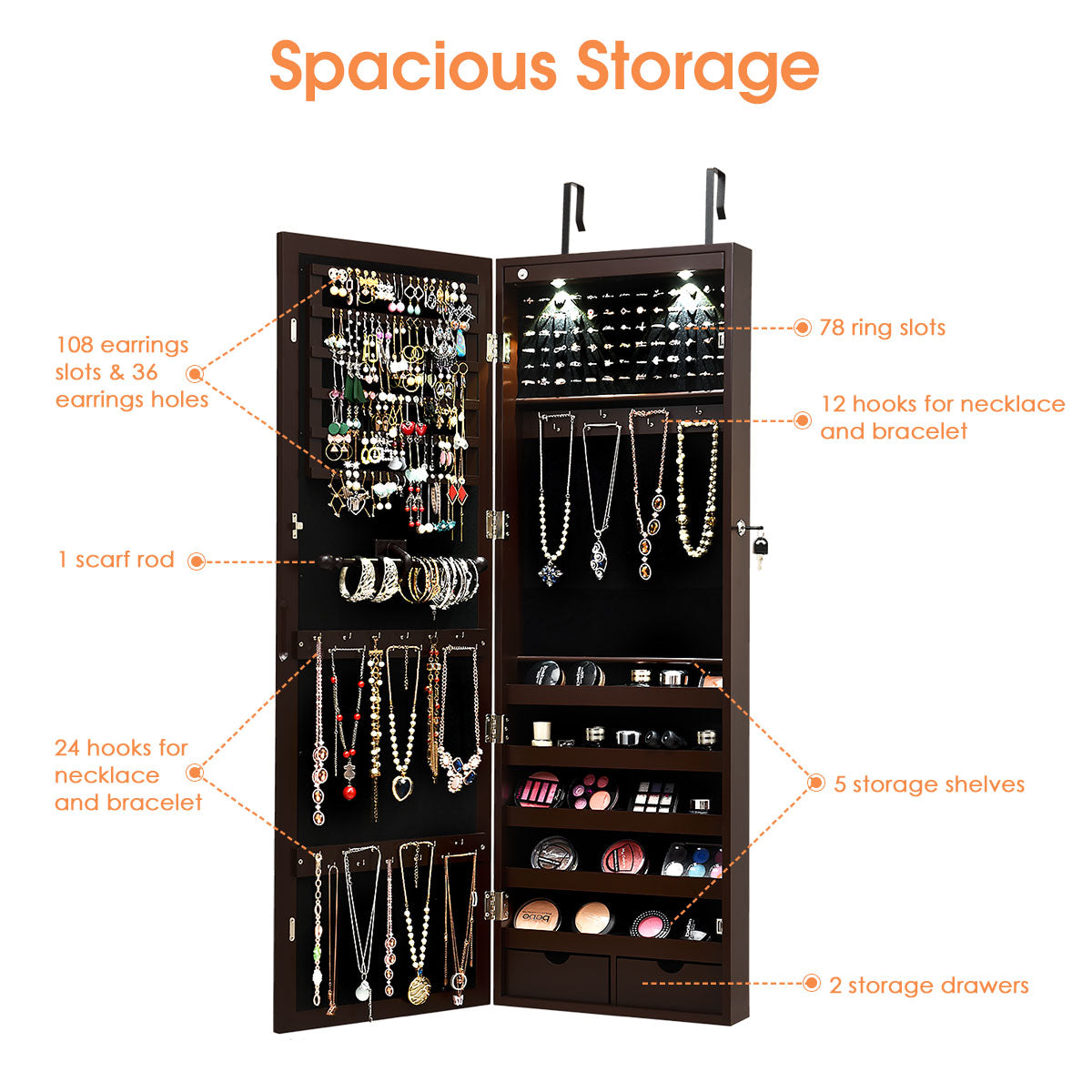 Wall/Door Mounted Jewelry Armoire Organizer with 2 LED Lights