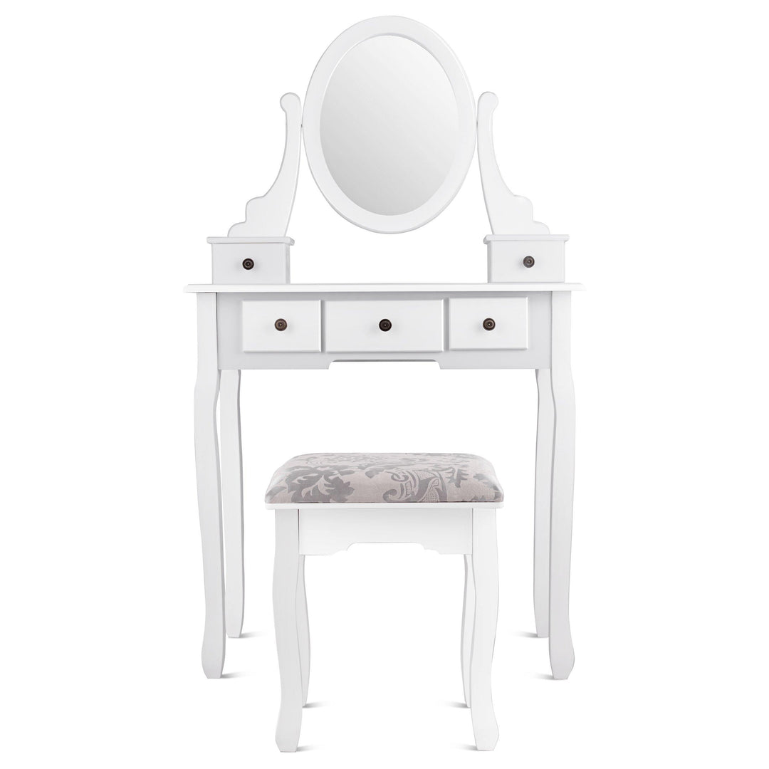 Vanity Set with Oval Mirror and 5 Drawers Girls Women Makeup Organizer Table, White - Giantexus