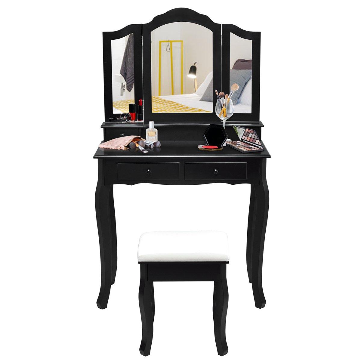 Vanity Table Set with Tri-Folding Mirror and 4 Drawers - Giantexus