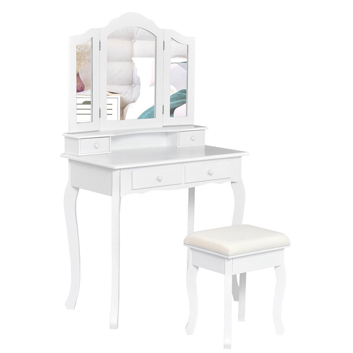 Vanity Table Set with Tri-Folding Mirror and 4 Drawers - Giantexus