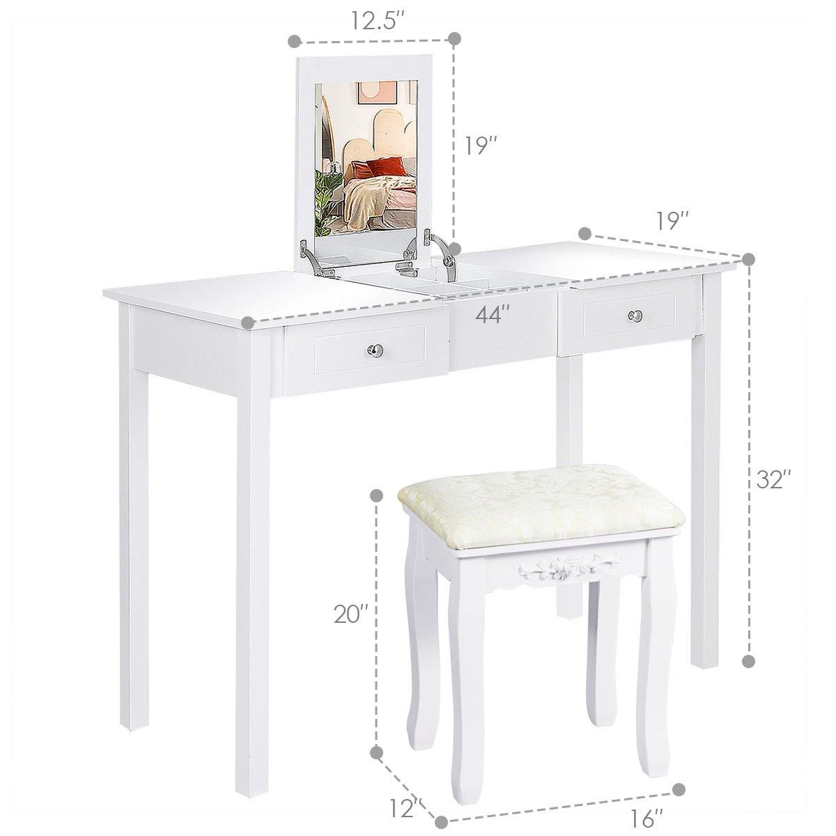 Vanity Table with Flip Top Mirror Easy Assembly, White - Giantexus