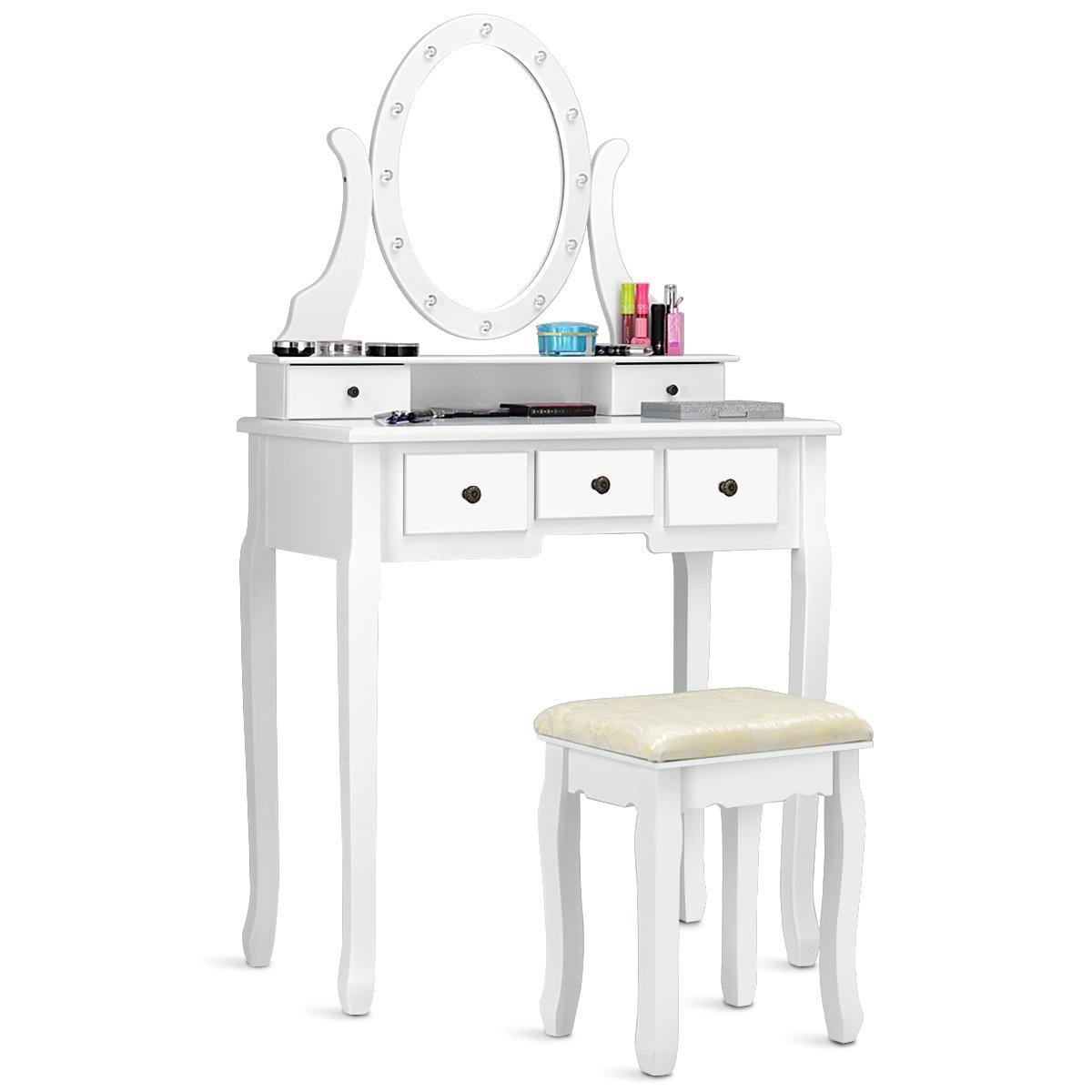 LED Vanity Set Dressing Table with Mirror White Makeup Vanities with Padded Stool - Giantexus
