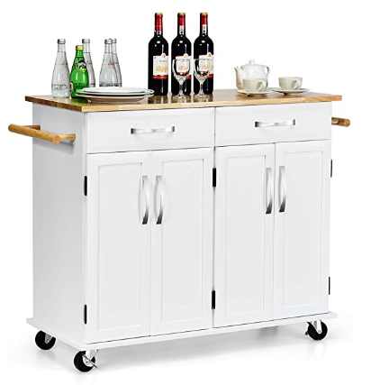 Giantex Kitchen Island Cart, Rolling Trolley Cart Utility Cabinet w/Rubber Wood Top