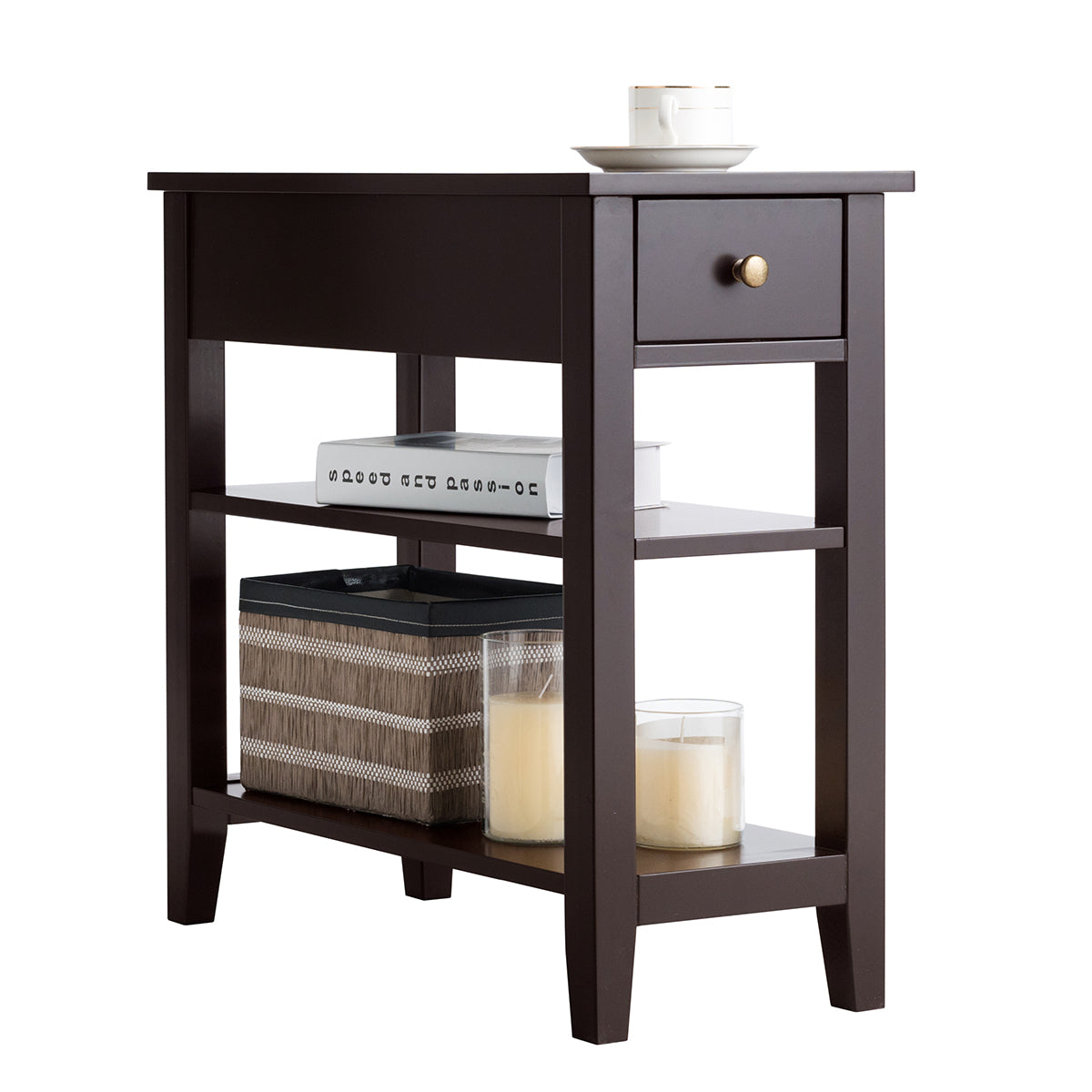 Giantex 3-Tier End Table with Drawer and Double Shelves Narrow Tiered Side Table for Bedroom