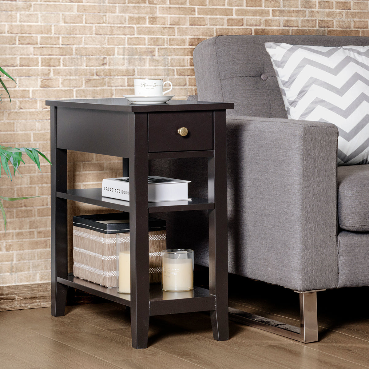 Giantex 3-Tier End Table with Drawer and Double Shelves Narrow Tiered Side Table for Bedroom