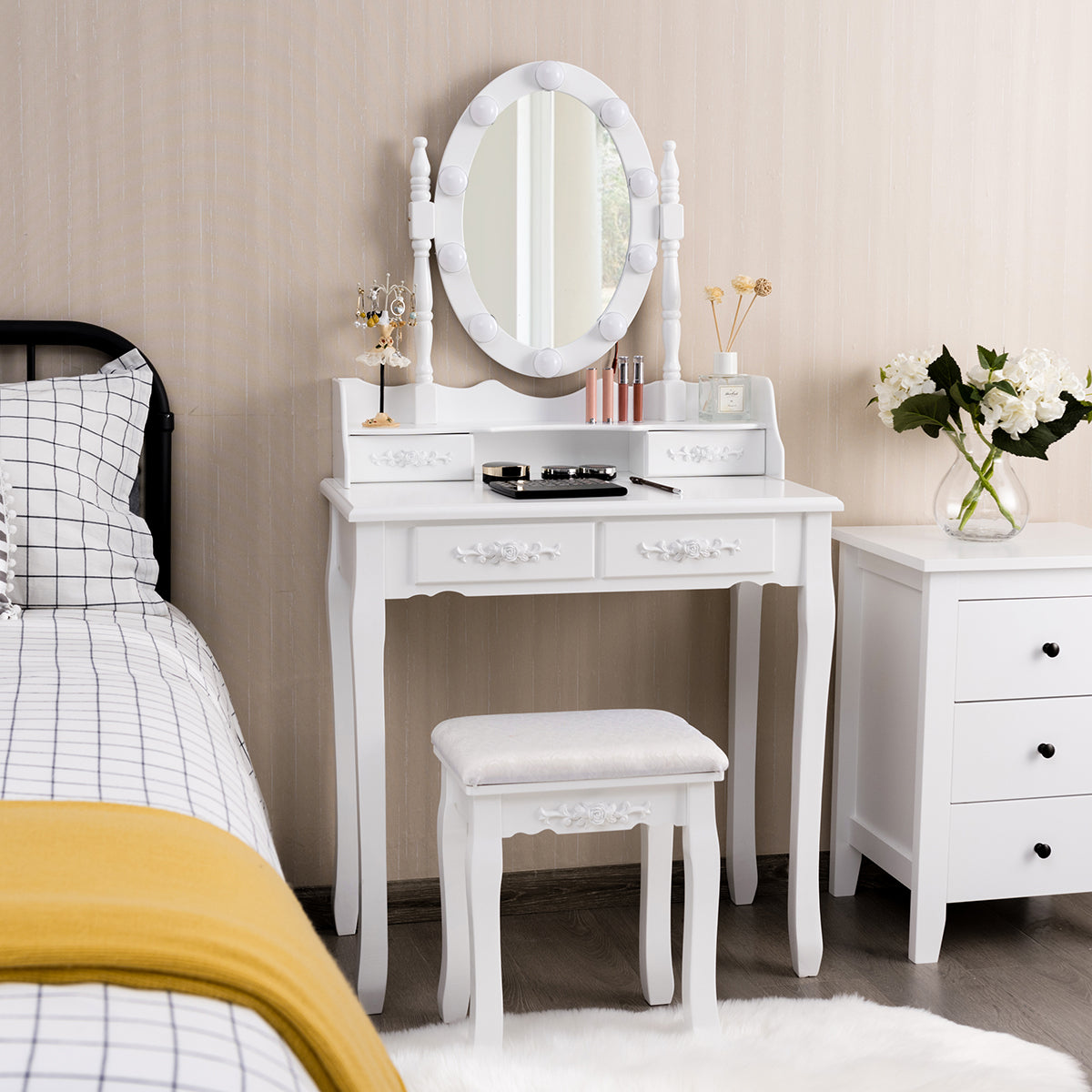 Makeup Dressing Table w/Lighted Oval Mirror and Touch Switch