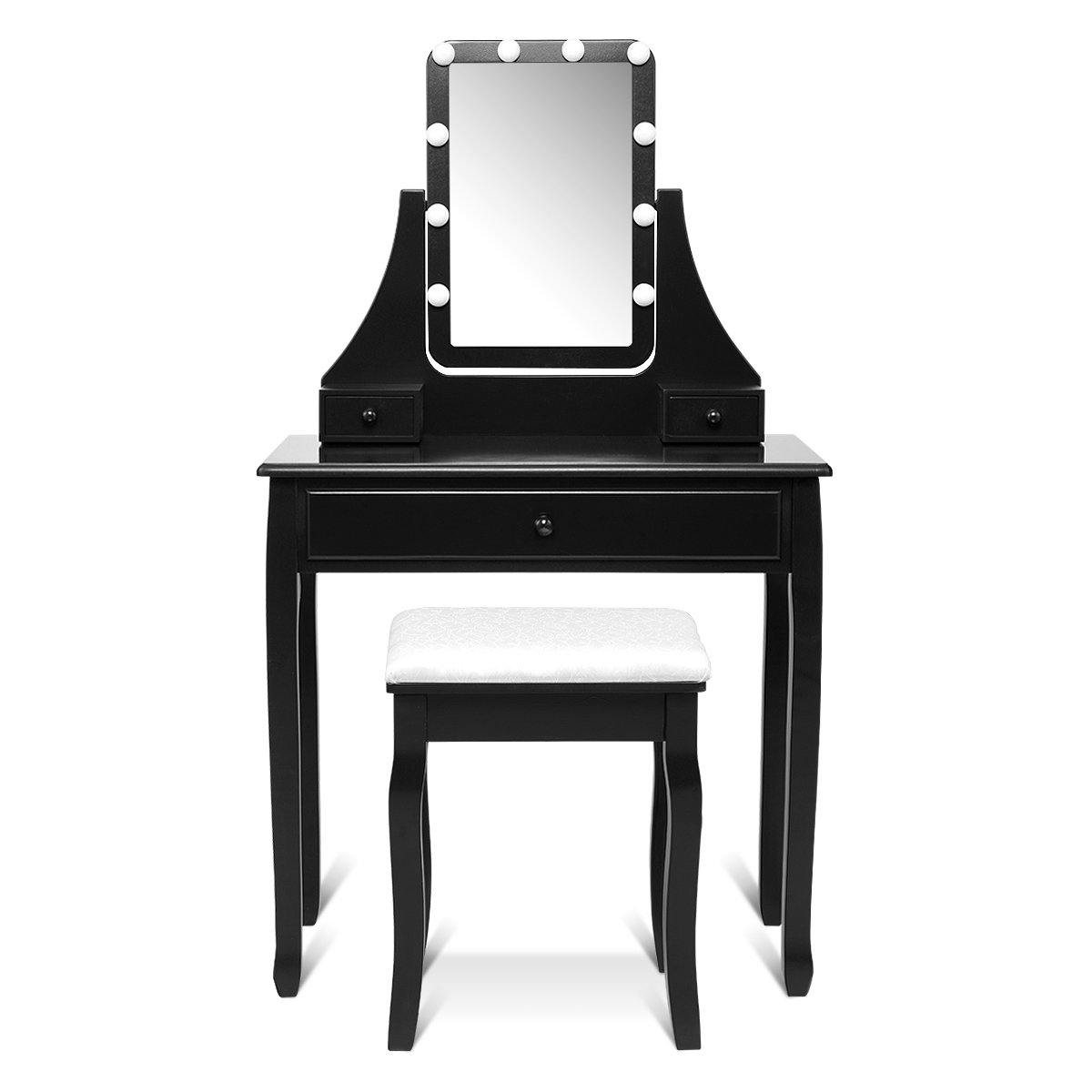 CHARMAID | Vanity Set with Lighted Mirror, Makeup Dressing Table with 10 LED Dimmable Bulbs, Touch Switch, 3 Drawers 2 Dividers - Giantexus