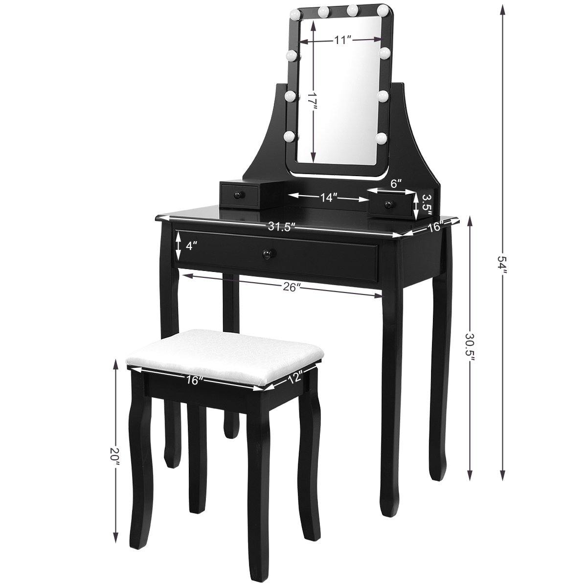 CHARMAID | Vanity Set with Lighted Mirror, Makeup Dressing Table with 10 LED Dimmable Bulbs, Touch Switch, 3 Drawers 2 Dividers - Giantexus