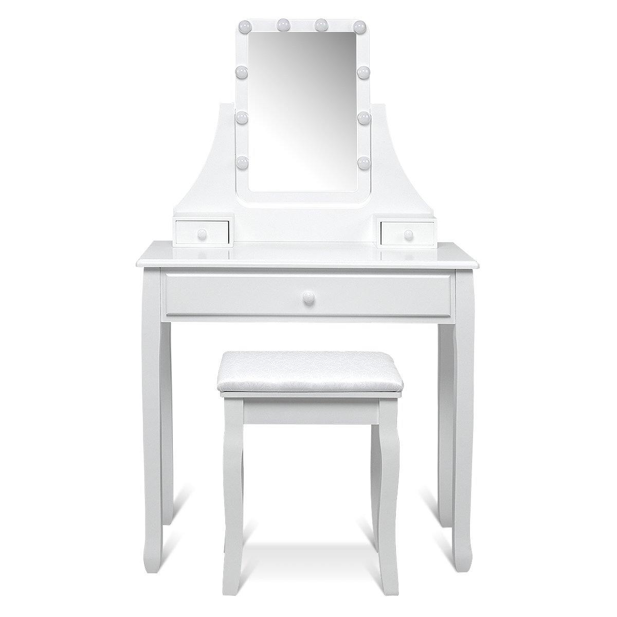CHARMAID | Vanity Set with Lighted Mirror, Makeup Dressing Table with 10 LED Dimmable Bulbs, Touch Switch, 3 Drawers 2 Dividers - Giantexus