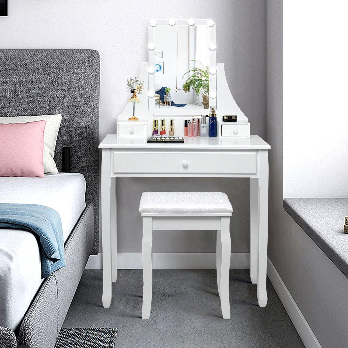 CHARMAID | Vanity Set with Lighted Mirror, Makeup Dressing Table with 10 LED Dimmable Bulbs, Touch Switch, 3 Drawers 2 Dividers - Giantexus