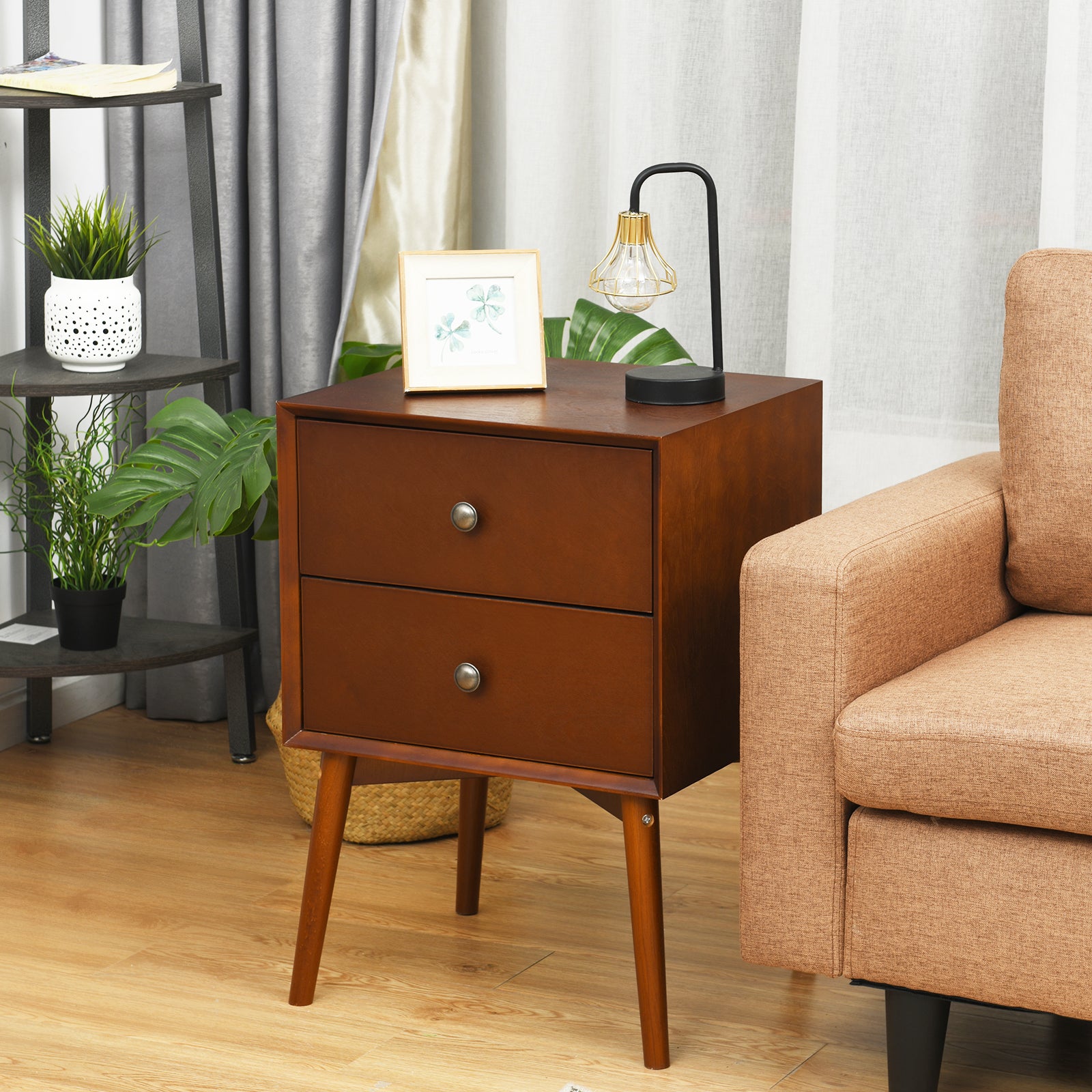 Giantex End Table with Drawers and Metal Knobs(1, Brown)