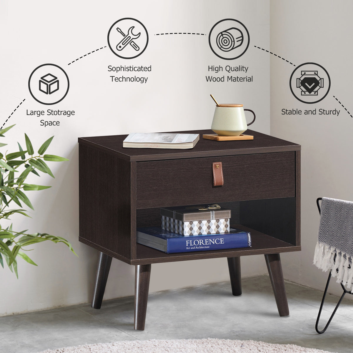 Giantex Wooden Nightstand with Drawer and Shelf Sofa Side Table