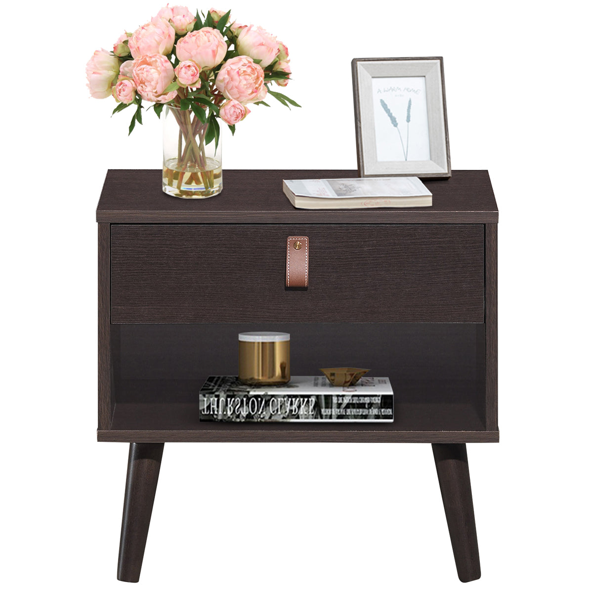 Giantex Wooden Nightstand with Drawer and Shelf Sofa Side Table