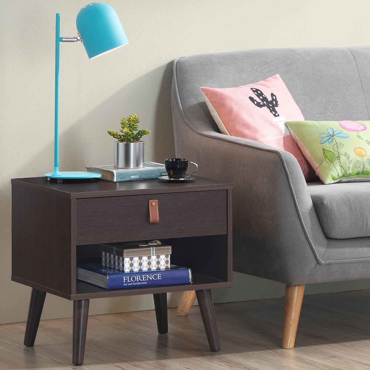 Giantex Wooden Nightstand with Drawer and Shelf Sofa Side Table