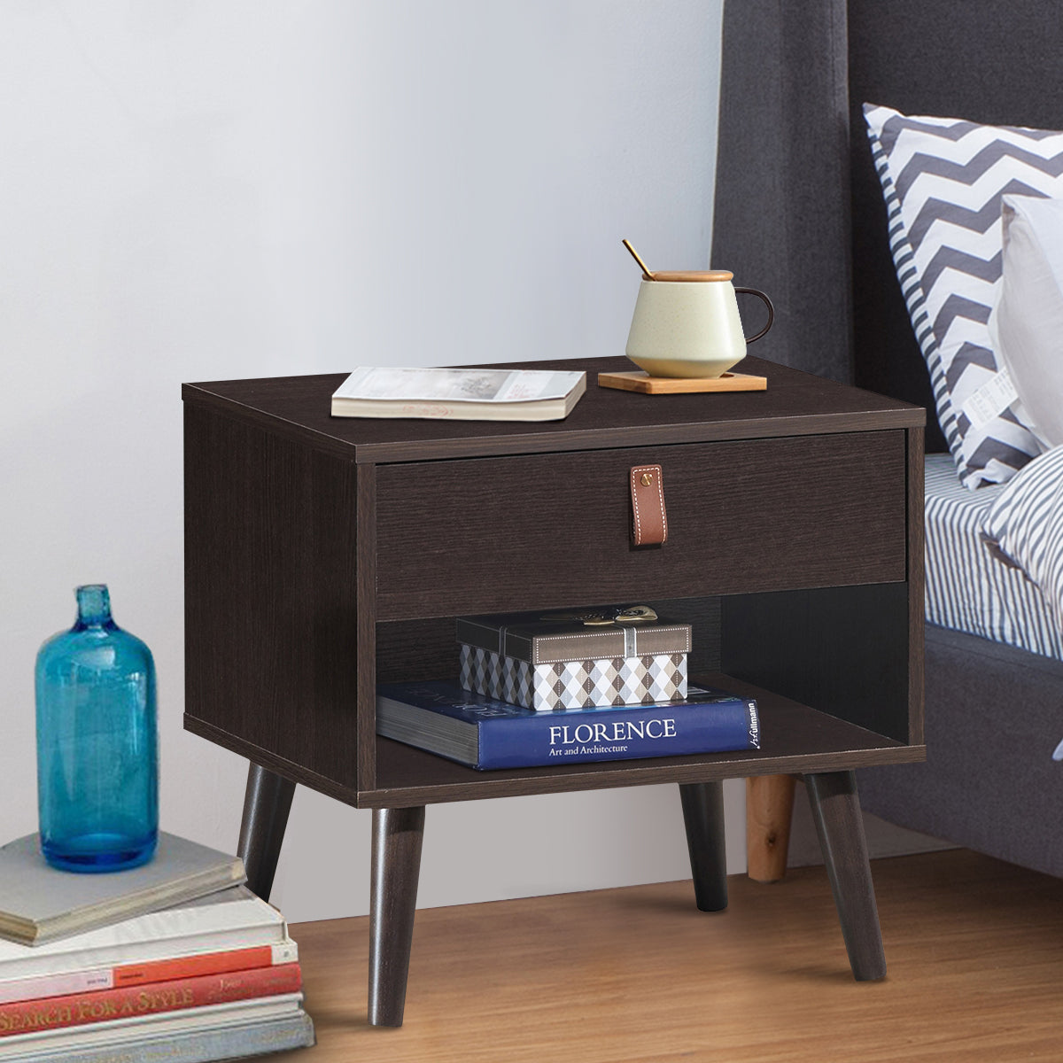 Giantex Wooden Nightstand with Drawer and Shelf Sofa Side Table