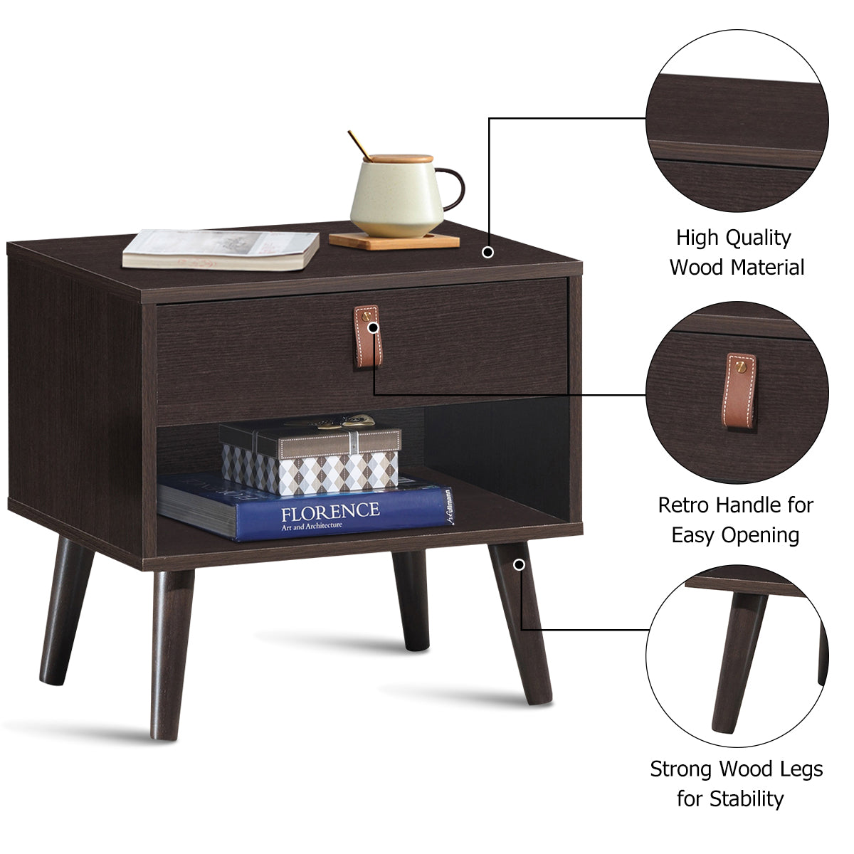 Giantex Wooden Nightstand with Drawer and Shelf Sofa Side Table