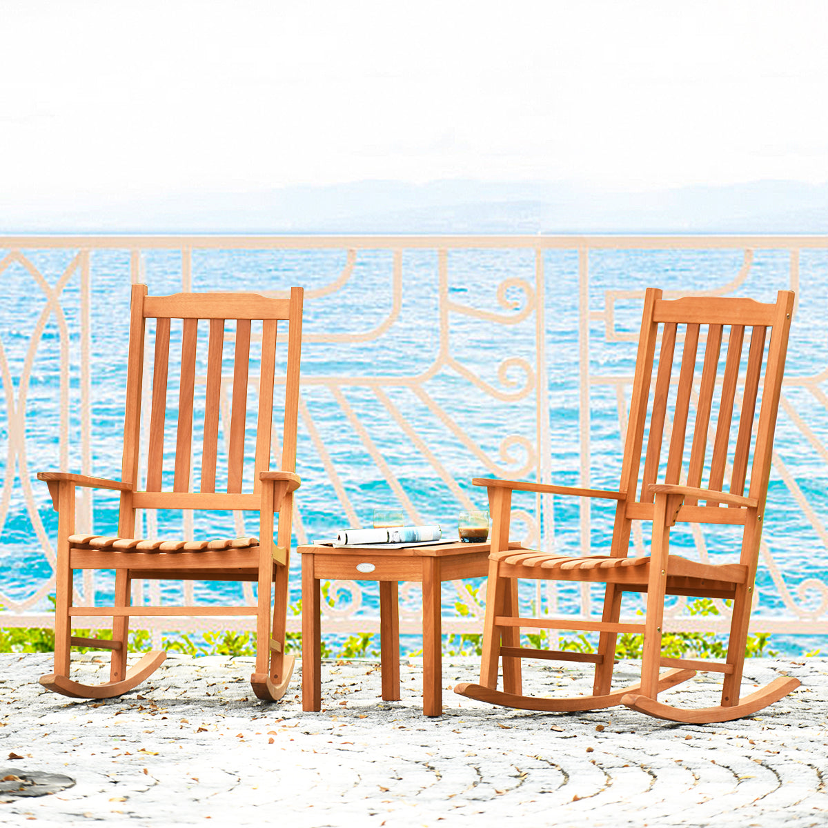 Rocking Chair 3 Piece Set Wooden W/ Two Wood Conversation Chairs and Accent Table
