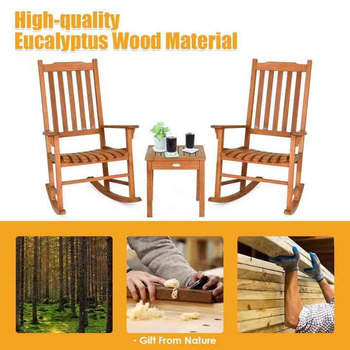 Rocking Chair 3 Piece Set Wooden W/ Two Wood Conversation Chairs and Accent Table
