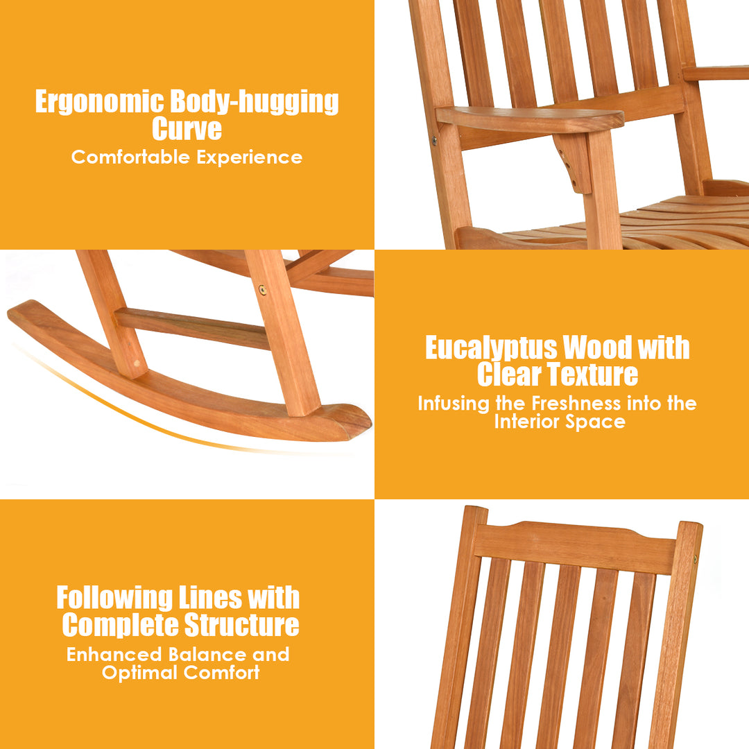 Rocking Chair 3 Piece Set Wooden W/ Two Wood Conversation Chairs and Accent Table