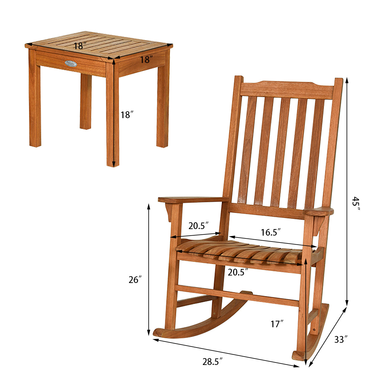 Rocking Chair 3 Piece Set Wooden W/ Two Wood Conversation Chairs and Accent Table