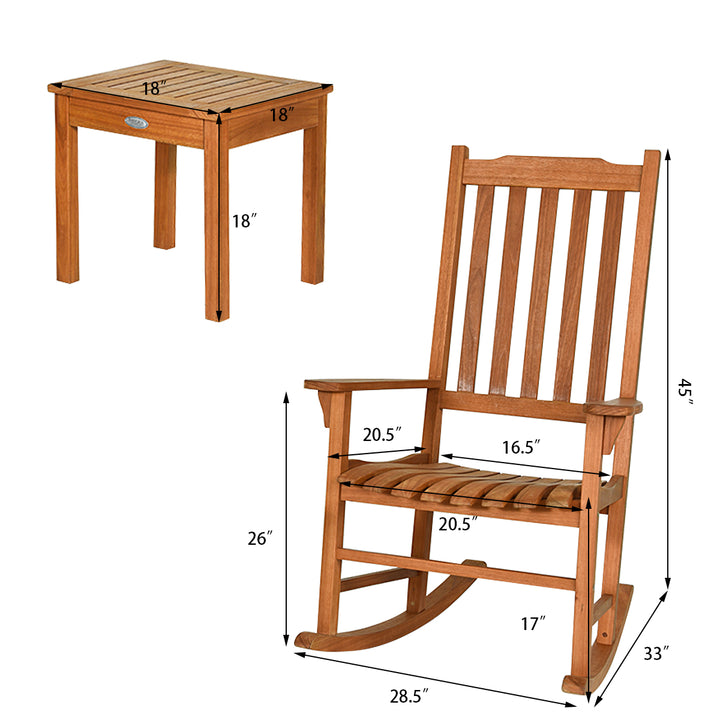 Rocking Chair 3 Piece Set Wooden W/ Two Wood Conversation Chairs and Accent Table