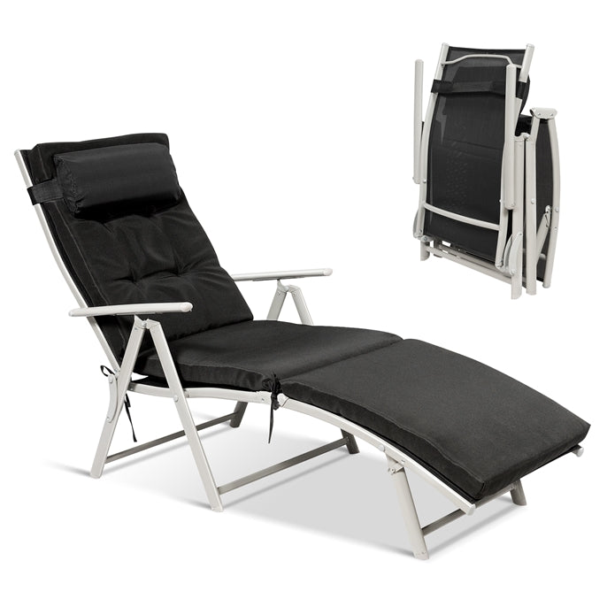 Pool Folding Reclining Beach Chair W/Removable Cushion&Headrest Pillow