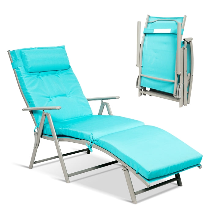 Pool Folding Reclining Beach Chair W/Removable Cushion&Headrest Pillow