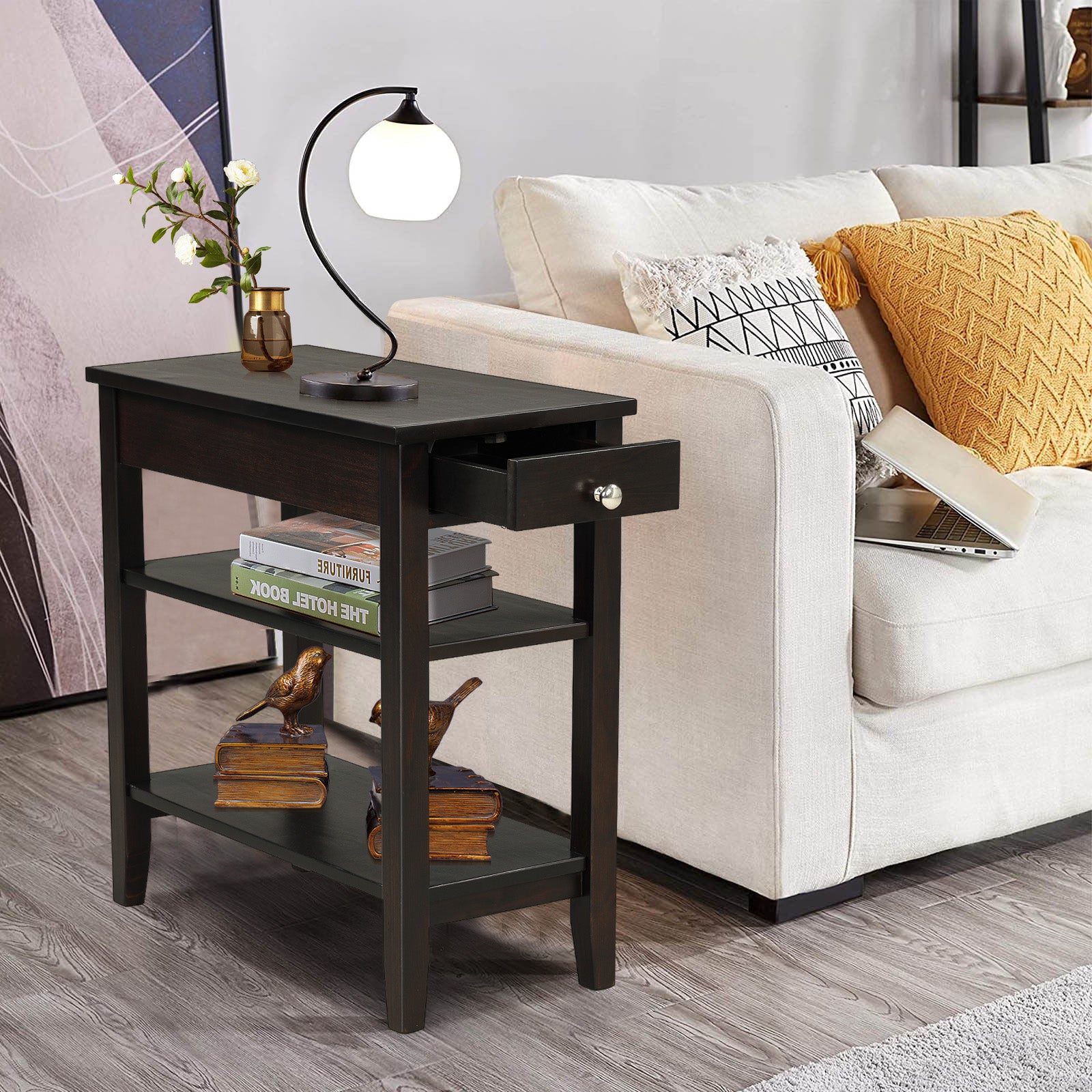Giantex End Table Sofa Side Table with Drawer, 3-Tier Nightstand with Storage Shelves