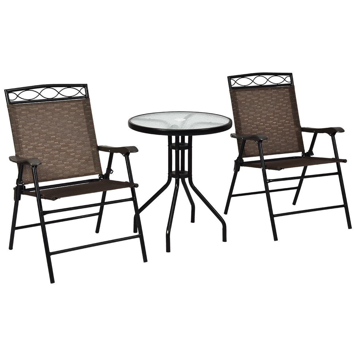 Giantex Patio Dining Set Round Glass Table with 2 Patio Folding Chairs(Brown)