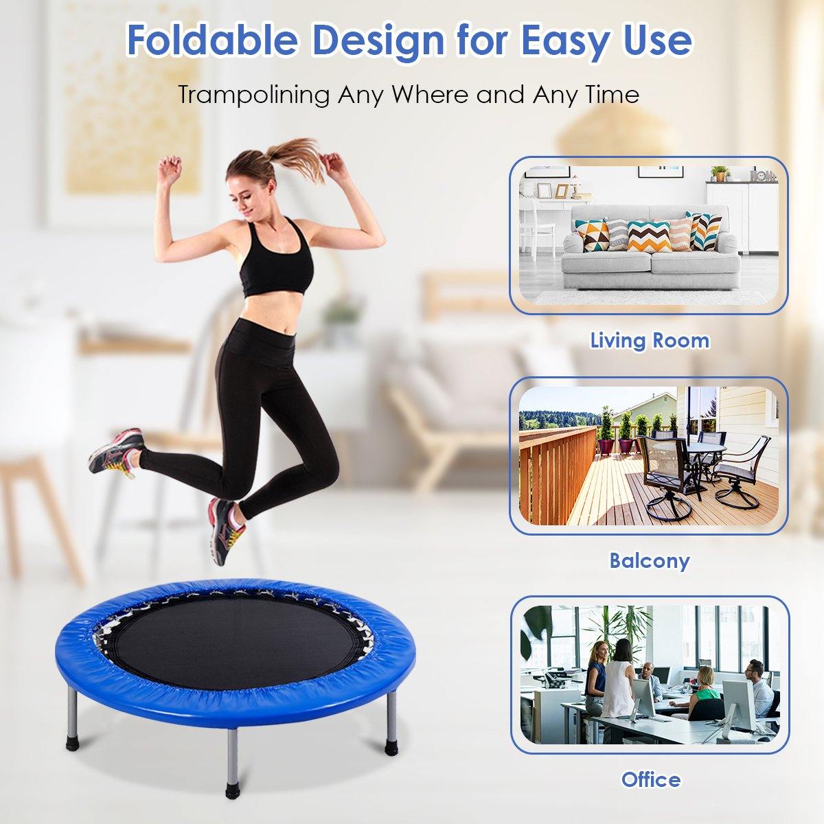 Mini Fitness Trampoline for Adults and Kids, 38 Inch Rebounder Trampoline - Giantexus
