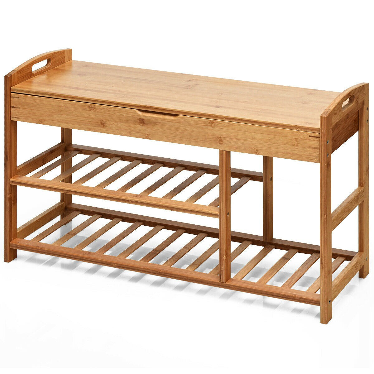 Giantex Shoe Bench Entryway with storage Bamboo 3-Tier W/ Openable Seat and Shelves