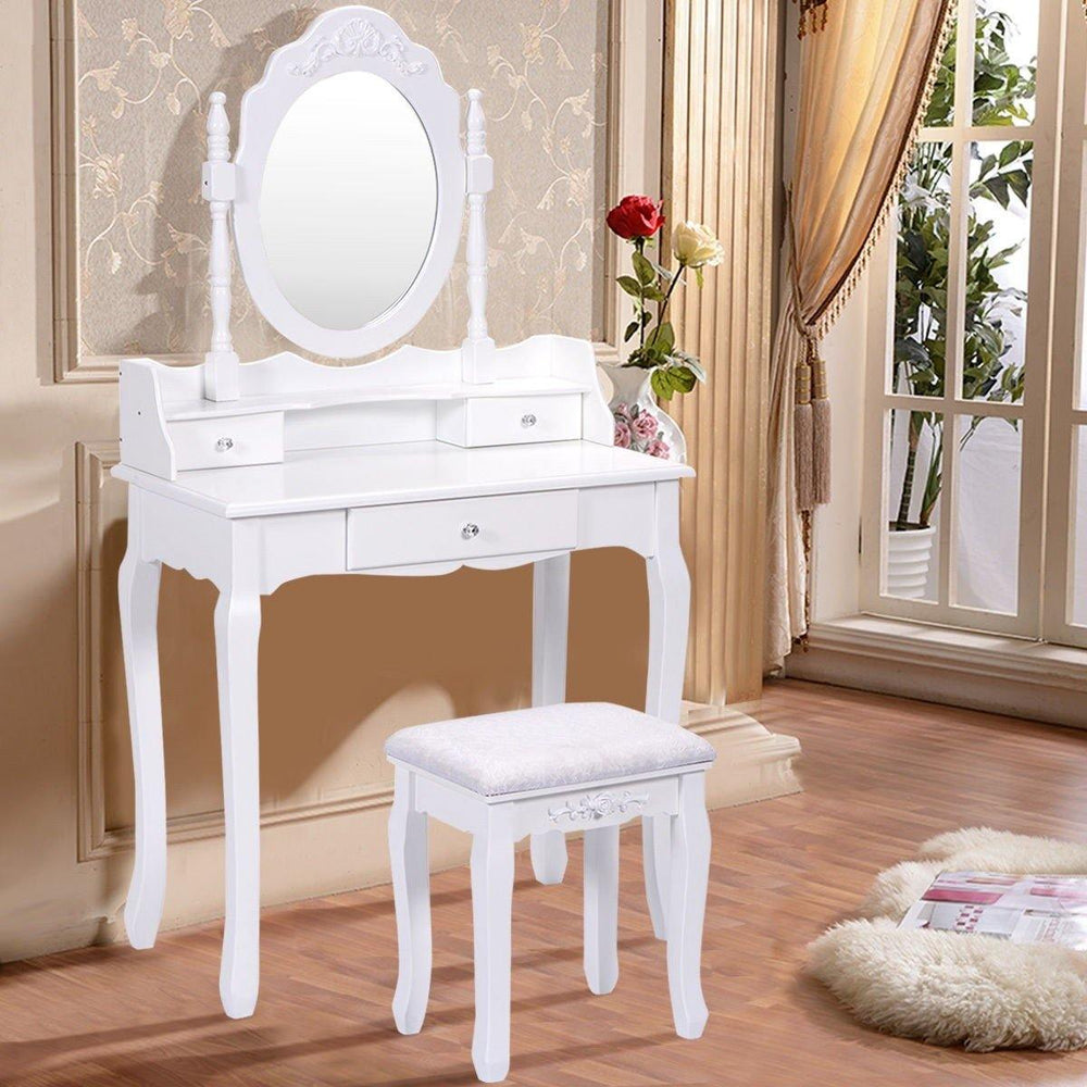 Vanity Table Set with Mirror and Stool for Bedroom 3 Drawers (White) - Giantexus