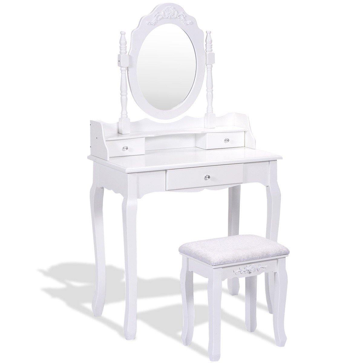 Vanity Table Set with Mirror and Stool for Bedroom 3 Drawers (White) - Giantexus